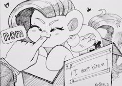 Size: 2048x1450 | Tagged: safe, artist:krista-21, fluttershy, human, pegasus, pony, g4, biting, blatant lies, box, cardboard box, cute, female, floating heart, grayscale, heart, inktober, inktober 2023, mare, monochrome, nom, offscreen character, pony in a box, shyabetes, solo focus, traditional art