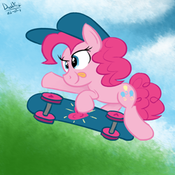 Size: 2400x2400 | Tagged: safe, artist:dashyoshi, pinkie pie, earth pony, pony, g4, cap, cloud, cute, diapinkes, hat, heart, high res, pinktober, skateboard, solo, tongue out, tree