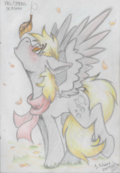 Size: 1204x1735 | Tagged: safe, artist:adilord, derpy hooves, pegasus, pony, g4, autumn, blushing, clothes, cute, female, leaf, leaves, mare, ponytober, ponytober 2023, scarf, solo, spread wings, traditional art, wings