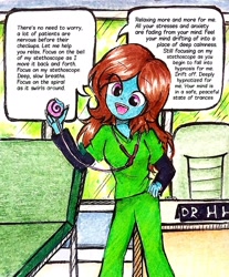 Size: 1615x1946 | Tagged: safe, artist:liaaqila, oc, oc only, oc:nurse hypno heart, equestria girls, g4, clothes, commission, first person view, hypnosis, hypnotherapy, offscreen character, pov, scrubs (gear), spiral, stethoscope, traditional art