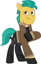 Size: 869x1337 | Tagged: safe, artist:edy_january, artist:prixy05, edit, part of a set, vector edit, hitch trailblazer, earth pony, pony, g5, my little pony: tell your tale, agent, black shirt, boots, clothes, fixed, gloves, gun, handgun, jacket, leon s. kennedy, parody, pistol, resident evil, resident evil 4, resident evil 4 remake, sg-09, shoes, simple background, solo, transparent background, updated, usp, vector, weapon