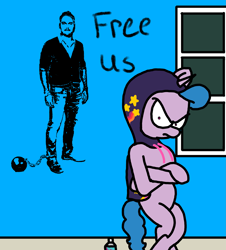 Size: 3023x3351 | Tagged: safe, artist:professorventurer, izzy moonbow, pony, unicorn, g5, ball and chain, banksy, chris pratt, high res, hollywood strike 2023, mural, sneaksy, tribute