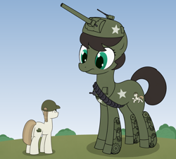 Size: 4000x3600 | Tagged: safe, artist:superderpybot, oc, oc only, earth pony, original species, pony, tank pony, butt, cap, hat, looking at each other, looking at someone, m4 sherman, macro, macro/micro, micro, plot, ponified, ponified vehicle, sherman (tank), surprised, tank (vehicle)