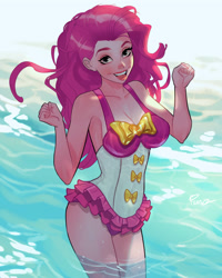 Size: 3200x4000 | Tagged: safe, artist:joe pekar, part of a set, pinkie pie, equestria girls, equestria girls series, forgotten friendship, g4, alternate hairstyle, clothes, female, legs in the water, legs together, looking at you, ocean, one-piece swimsuit, partially submerged, pinkie pie swimsuit, smiling, smiling at you, solo, swimsuit, water