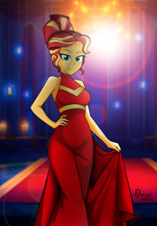 Size: 2091x3000 | Tagged: safe, artist:danielitamlp, sunset shimmer, equestria girls, g4, beautiful, breasts, busty sunset shimmer, clothes, dress, female, hand on hip, high res, lens flare, reasonably sized breasts, red dress