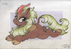 Size: 1735x1204 | Tagged: safe, artist:adilord, cinder glow, summer flare, kirin, g4, sounds of silence, cloven hooves, colored pencil drawing, glasses, lidded eyes, looking back, lying down, ponytober, ponytober 2023, prone, simple background, solo, sploot, traditional art