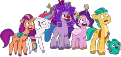 Size: 512x241 | Tagged: safe, edit, edited screencap, editor:pascalmulokozi2, screencap, hitch trailblazer, izzy moonbow, pipp petals, sparky sparkeroni, sunny starscout, zipp storm, alicorn, dragon, earth pony, pegasus, pony, unicorn, g5, my little pony: tell your tale, sparky's sick, spoiler:g5, spoiler:my little pony: tell your tale, spoiler:tyts01e46, background removed, candy, female, food, fruit, grapes, lollipop, male, mane five, not a vector, one of these things is not like the others, scared, shocked, shocked expression, shocked eyes, simple background, smiling, transparent background