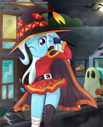 Size: 676x831 | Tagged: safe, artist:charliexe, trixie, bat, equestria girls, g4, anime, clothes, cosplay, costume, crossover, cute, diatrixes, dress, female, fingerless gloves, full moon, gloves, halloween, holiday, konosuba, legs, looking at you, megumin, miniskirt, moon, night, one eye closed, paraskirt, pumpkin bucket, schrödinger's pantsu, sexy, skirt, solo, stupid sexy trixie, thighs, wink