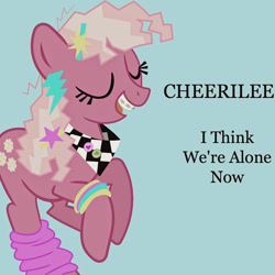 Size: 1000x1000 | Tagged: safe, artist:uxyd, edit, editor:jaredking779, cheerilee, earth pony, pony, g4, 80s, 80s cheerilee, bracelet, braces, eyes closed, female, glowstick, jewelry, mare, open mouth, rearing, simple background, solo