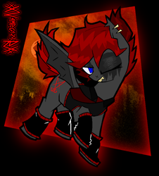 Size: 1522x1686 | Tagged: safe, artist:xxv4mp_g4z3rxx, oc, oc only, bat pony, pony, arm warmers, black coat, blue eyes, clothes, ear piercing, eyeshadow, flying, leg warmers, makeup, moon, necktie, night, piercing, red mane, red tail, signature, solo, tail, vest