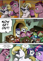 Size: 1204x1700 | Tagged: safe, artist:tarkron, rarity, twilight sparkle, oc, oc:cosmo cool, alicorn, earth pony, pony, unicorn, comic:the royal sandal, g4, broken, sunglasses, twilight sparkle (alicorn), vase