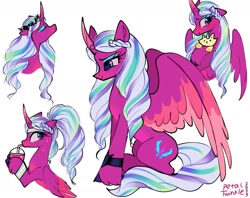 Size: 1440x1142 | Tagged: safe, artist:petaltwinkle, opaline arcana, alicorn, cat, pony, g5, 2023, alternate hairstyle, aside glance, blushing, bust, colored hooves, colored wings, curved horn, cute, drink, drinking, eyes closed, eyeshadow, female, floppy ears, floral head wreath, flower, headband, horn, hug, leg hold, looking at you, makeup, mare, multicolored wings, nervous sweat, nicealine, opalinebetes, partially open wings, profile, signature, simple background, sitting, smiling, smoothie, solo, sweat, unshorn fetlocks, white background, wings, workout outfit, wristband