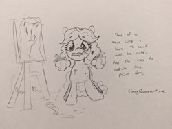 Size: 2048x1542 | Tagged: safe, artist:pony quarantine, kettle corn, earth pony, pony, g4, cute, female, filly, foal, looking at you, monochrome, mouth hold, paint, paintbrush, pencil drawing, solo, traditional art