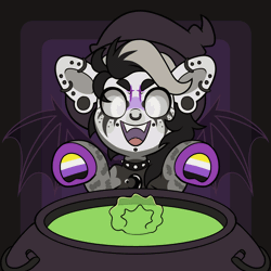 Size: 2000x2000 | Tagged: safe, artist:partypievt, oc, oc:divided sins, bat pony, pony, animated, artificial wings, augmented, bat pony oc, cauldron, choker, commission, ear piercing, ear plugs, earring, eyebrows, facial markings, frog (hoof), gif, halloween, hat, holiday, jewelry, lip piercing, magic, magic wings, nonbinary, nonbinary pride flag, piercing, pride, pride flag, slime, solo, spacers, underhoof, wings, witch, witch costume, witch hat, ych animation, ych result