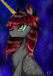 Size: 1000x1414 | Tagged: safe, artist:hysteriana, oc, oc:glazebittersweet, alicorn, pony, alicorn oc, anime style, feathered wings, female, folded wings, gift art, glossy, gold, gray coat, green eyes, horn, long horn, night, old art, phone drawing, red hair, shiny, silky, sitting, space, stars, straight hair, violet background, wings