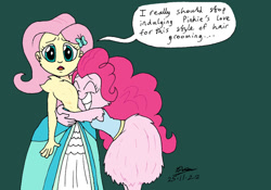 Size: 1024x717 | Tagged: safe, artist:tmntsam, fluttershy, pinkie pie, human, equestria girls, g4, alternate universe, bottomless, cheek fluff, chest fluff, clothes, dress, duo, duo female, female, fur, furry human, green background, hug, nudity, partial nudity, remake, simple background, smiling, talking to viewer, topless