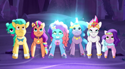 Size: 3300x1825 | Tagged: safe, screencap, hitch trailblazer, izzy moonbow, misty brightdawn, pipp petals, sparky sparkeroni, sunny starscout, zipp storm, dragon, earth pony, pegasus, pony, unicorn, g5, lavarynth, my little pony: tell your tale, spoiler:g5, spoiler:my little pony: tell your tale, spoiler:tyts01e62, baby, baby dragon, clothes, confident, female, frown, glowing, glowing horn, grin, horn, jewelry, magic, male, mane five, mane seven (g5), mane six (g5), mare, marelet, necklace, one of these things is not like the others, pipp is short, pipp is smol, scarf, septet, serious, smiling, smol, stallion, stars, unshorn fetlocks