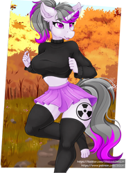 Size: 3200x4400 | Tagged: safe, alternate version, artist:stainedglasslighthea, oc, oc only, oc:hazel radiate, unicorn, anthro, plantigrade anthro, anthro oc, autumn, clothes, female, high res, highlights, horn, mare, midriff, pinup, purple eyes, short shirt, skirt, solo, stockings, thigh highs, toeless legwear, toeless stockings, unicorn oc