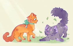 Size: 2164x1380 | Tagged: safe, artist:catmintyt, izzy moonbow, sunny starscout, cat, g5, bracelet, catified, duo, fluffy, friendship bracelet, jewelry, leaves, neck bow, species swap, warrior cats