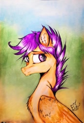 Size: 571x828 | Tagged: safe, artist:hysteriana, scootaloo, pegasus, pony, mlp fim's thirteenth anniversary, g4, colored, ear fluff, female, filly, foal, folded wings, full color, old art, purple eyes, purple mane, sad, solo
