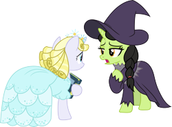 Size: 4069x3000 | Tagged: safe, artist:cloudy glow, broomhilda, glinda, pony, unicorn, between dark and dawn, g4, season 9, book, clothes, dress, duo, duo female, female, hat, high res, looking at each other, looking at someone, mare, open mouth, simple background, transparent background, vector, wicked, witch, witch hat