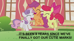 Size: 1000x563 | Tagged: safe, edit, edited screencap, editor:incredibubbleirishguy, screencap, apple bloom, scootaloo, sweetie belle, pegasus, crusaders of the lost mark, g4, adorabloom, apple bloom's cutie mark, cute, cutealoo, cutie mark, cutie mark crusaders, diasweetes, excited, happy, jumping, overjoyed, scootaloo's cutie mark, squealing, sweetie belle's cutie mark, text, the cmc's cutie marks