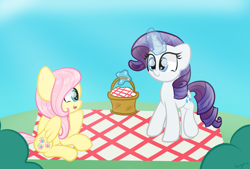 Size: 1257x850 | Tagged: safe, artist:sugarcloud12, fluttershy, rarity, pony, g4, basket, magic, picnic basket, picnic blanket