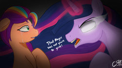 Size: 2560x1440 | Tagged: safe, artist:_cobalttuelatte, sunny starscout, twilight sparkle, alicorn, earth pony, pony, g5, the last problem, mane stripe sunny, older, older twilight, older twilight sparkle (alicorn), princess twilight 2.0, sunny and her heroine, that magic was not yours to give, twilight sparkle (alicorn)