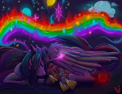 Size: 4400x3400 | Tagged: safe, artist:stencilfim, sunny starscout, twilight sparkle, alicorn, earth pony, pony, g4, g5, apple, balloon, cloud, cuddling, cute, dream, food, glowing, glowing horn, horn, night, rainbow, snuggling, spread wings, sunny and her heroine, that magic is yours to give, twilight sparkle (alicorn), wholesome, wings