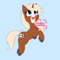 Size: 3000x3000 | Tagged: safe, artist:cheddart, oc, oc:finnmare, pony, unicorn, blaze (coat marking), blue background, blue eyes, blushing, coat markings, facial markings, female, finland, heart, heart eyes, high res, mare, mealy mouth (coat marking), open mouth, open smile, simple background, smiling, solo, wingding eyes