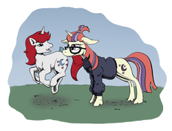 Size: 1280x979 | Tagged: safe, artist:darkhestur, moondancer, moondancer (g1), pony, unicorn, mlp fim's thirteenth anniversary, g1, g4, bow, clothes, cute, dancerbetes, duo, female, g1 dancerbetes, generational ponidox, glasses, ink, mare, mixed media, prancing, simple background, sweater, tail, tail bow