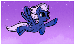 Size: 2000x1200 | Tagged: safe, artist:scandianon, night glider, pegasus, pony, g4, cloud, female, flying, happy, hooves, mare, night, open mouth, open smile, passepartout, raised hoof, sky, smiling, solo, spread wings, stars, wings