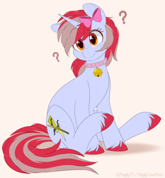 Size: 1120x1200 | Tagged: safe, artist:higglytownhero, oc, oc only, oc:cinnamon lightning, pony, unicorn, bell, bell collar, bow, collar, colored hooves, confused, eye clipping through hair, eyelashes, female, hair bow, head tilt, mare, question mark, simple background, sitting, solo, unshorn fetlocks