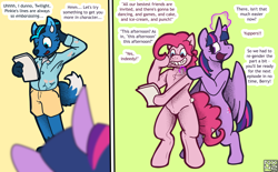 Size: 4800x2975 | Tagged: safe, artist:boundbrush, pinkie pie, twilight sparkle, alicorn, dog, pony, anthro, g4, anthro with ponies, bubble berry, clothes, dialogue, female, furry, in character, male, plushie, ponysuit, rule 63, sewing needle, suit, twilight sparkle (alicorn)