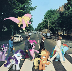 Size: 1511x1482 | Tagged: safe, artist:beatlebrony, applejack, fluttershy, pinkie pie, rainbow dash, rarity, twilight sparkle, earth pony, human, pegasus, pony, unicorn, g4, abbey road, album cover, crosswalk, female, flying, george harrison, irl, john lennon, mane six, mare, paul mccartney, photo, ponies in real life, ringo starr, the beatles, unicorn twilight, walking, whistling