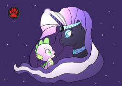 Size: 2122x1500 | Tagged: safe, artist:darkprinceismyname, idw, nightmare rarity, spike, dragon, pony, unicorn, g4, 2015, female, looking at each other, looking at someone, male, mare, night, old art, ship:nightmare sparity, shipping, starry night, straight