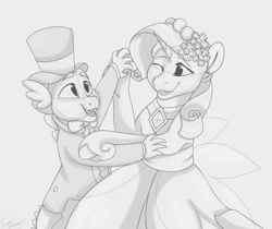 Size: 2338x1968 | Tagged: safe, artist:frostedsketch13, rarity, spike, dragon, pony, unicorn, a canterlot wedding, g4, bridesmaid dress, bridesmaid rarity, clothes, dancing, dress, female, hat, holding hooves, looking at each other, looking at someone, male, mare, monochrome, one eye closed, ring bearer, royal wedding, ship:sparity, shipping, smiling, spike's first bow tie, straight, suit, top hat, tuxedo, wink