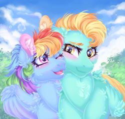 Size: 2000x1900 | Tagged: safe, artist:roselord, lightning dust, rainbow dash, earth pony, pegasus, pony, unicorn, g4, blushing, cheek to cheek, chest fluff, cloud, colored ear fluff, colored ears, colored eyebrows, commission, cute, duo, ear fluff, female, fluffy, folded wings, lesbian, looking at each other, looking at someone, mare, night, one eye closed, open mouth, open smile, partially open wings, photo, ship:rainbowdust, shipping, shrub, simple background, sky, smiling, wings, ych result