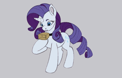 Size: 3000x1920 | Tagged: safe, artist:atcpony, rarity, cow, pony, unicorn, g4, animated, bell, bell collar, cloven hooves, collar, cowbell, cowified, female, gif, high res, horns, impossibly large udder, mare, open mouth, raricow, simple background, solo, species swap, tongue out, transformation, transformation sequence, udder, unwilling transformation