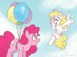 Size: 1668x1235 | Tagged: safe, artist:skysorbett, derpibooru exclusive, pinkie pie, surprise, earth pony, pegasus, pony, mlp fim's thirteenth anniversary, g1, g4, 40th anniversary, adoraprise, balloon, chest fluff, cute, diapinkes, duo, ear fluff, female, floating, flying, g1 to g4, generation leap, generational ponidox, leg fluff, looking at each other, looking at someone, mare, open mouth, sky, smiling, spread wings, surprise can fly, then watch her balloons lift her up to the sky, underhoof, wings