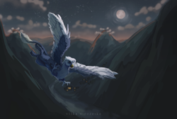 Size: 6080x4096 | Tagged: safe, artist:yasu, oc, oc only, griffon, cloud, cloudy, commission, dark, flying, griffin (character), griffon oc, moon, mountain, night, scenery, sky, solo, spread wings, wings