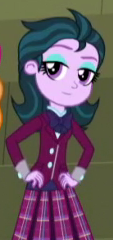 Size: 113x240 | Tagged: safe, edit, edited screencap, editor:teal-brony, screencap, zephyr, equestria girls, g4, my little pony equestria girls: friendship games, background human, bowtie, clothes, cropped, crystal prep academy uniform, eyeshadow, female, inverted mouth, makeup, plaid skirt, purple eyes, school uniform, skirt, smile edit, solo