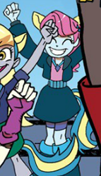 Size: 146x255 | Tagged: safe, idw, official comic, derpy hooves, dj pon-3, fairy soft, vinyl scratch, human, equestria girls, g4, spoiler:comic, spoiler:comicannual2013, eyes closed, fake ears, fake tail, female, jumping
