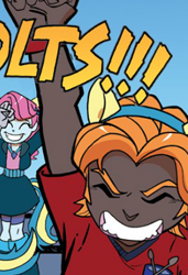 Size: 245x359 | Tagged: safe, idw, official comic, blazing ember, fairy soft, human, equestria girls, g4, spoiler:comic, spoiler:comicannual2013, eyes closed, fake ears, fake tail, hands in the air, male
