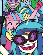 Size: 153x194 | Tagged: safe, idw, official comic, barb wire (g4), blossomfire, dj pon-3, vinyl scratch, human, equestria girls, g4, spoiler:comic, spoiler:comicannual2013, eyes closed, fake ears, female, hands in the air, open mouth, vinyl's glasses
