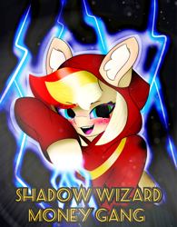 Size: 4096x5264 | Tagged: safe, artist:sodapop sprays, oc, oc:sodapop sprays, pegasus, pony, clothes, deep fried meme, ear fluff, lightning, looking at you, meme, robes, shadow wizard money gang, smiling, smiling at you, solo, wizard