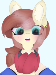 Size: 1479x1972 | Tagged: safe, artist:sodapop sprays, oc, oc:naomi horsely, oc:naomi horsley, earth pony, pony, chest fluff, clothes, combadge, confused, ear fluff, holding a pony, redshirt, simple background, skirt, star trek, star trek (tos)