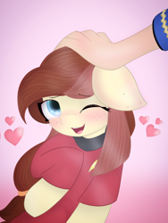 Size: 2386x3180 | Tagged: safe, artist:sodapop sprays, oc, oc:naomi horsely, earth pony, human, pony, clothes, combadge, head pat, heart, high res, in love, one eye closed, pat, skirt, star trek, star trek (tos), uniform, wink