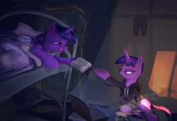 Size: 3384x2328 | Tagged: safe, artist:ciborgen, twilight sparkle, pony, unicorn, g4, bed, book, clothes, coffee, coffee mug, computer, female, frown, high res, hoodie, hoof hold, laptop computer, mare, mug, reaching, self paradox, self ponidox, twilight sparkle is not amused, unamused, underhoof, unicorn twilight
