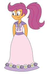 Size: 1024x1567 | Tagged: safe, artist:rarity525, scootaloo, human, equestria girls, g4, alternate hairstyle, clothes, dress, female, flower girl, flower girl dress, hands behind back, ponytail, simple background, smiling, solo, transparent background
